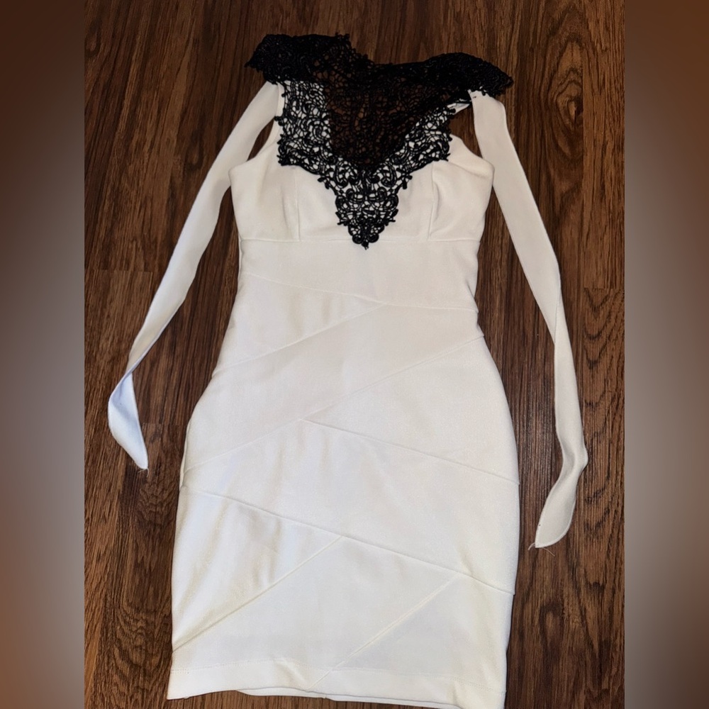 Elegant White Dress with Black Lace Detail (Macys)